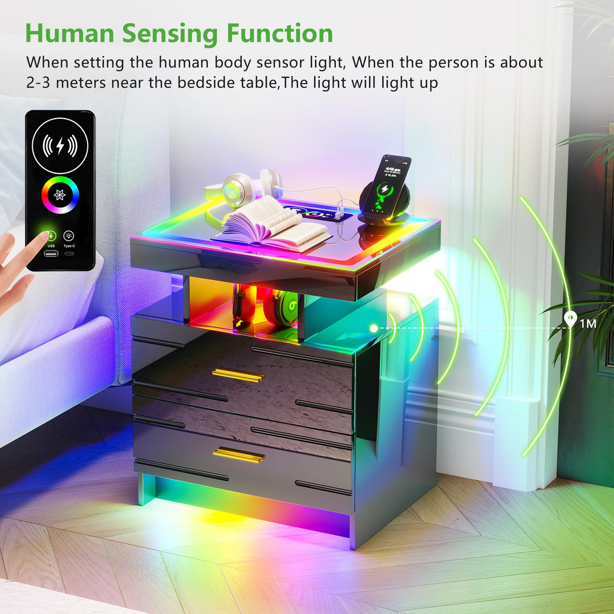 Black Smart Nightstand with Wireless Charging Station A728364