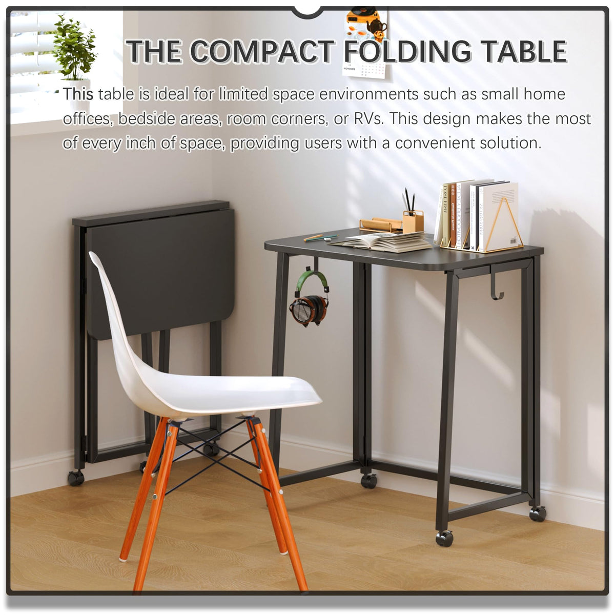 23.6" Folding Mobile Desk with Wheels, All Black L5873