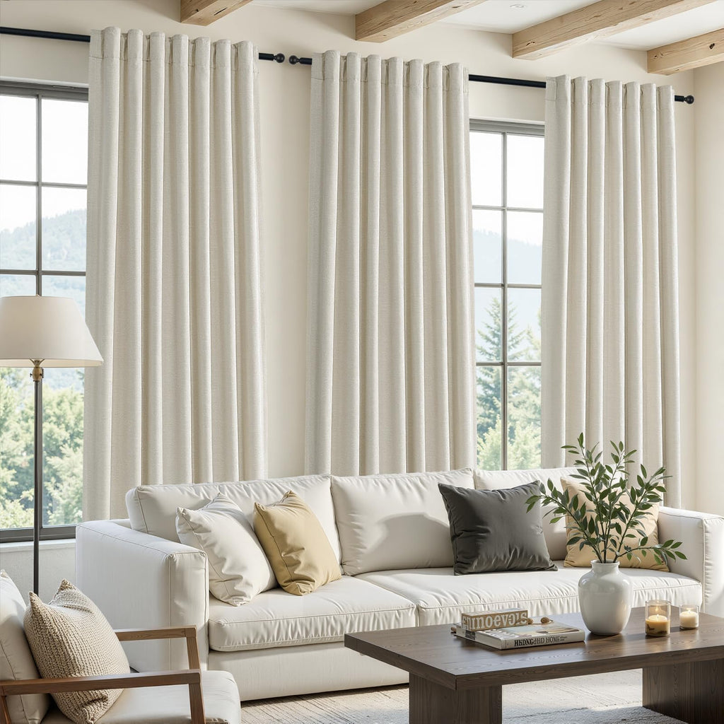Cream Beige 96 Inch Long Blackout Linen Curtains D596626