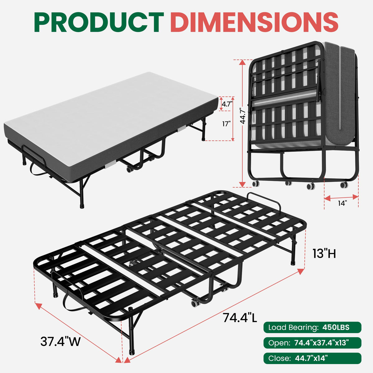 Folding Bed with Mattress with Wheels V93700