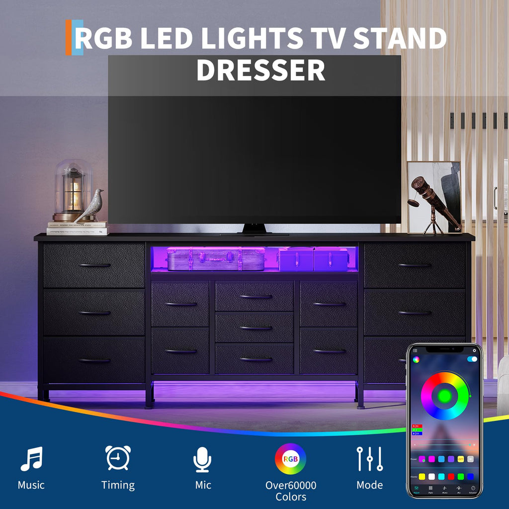 Black 13 Drawer Dresser TV Stand with LED Lights & Charging Station E7353
