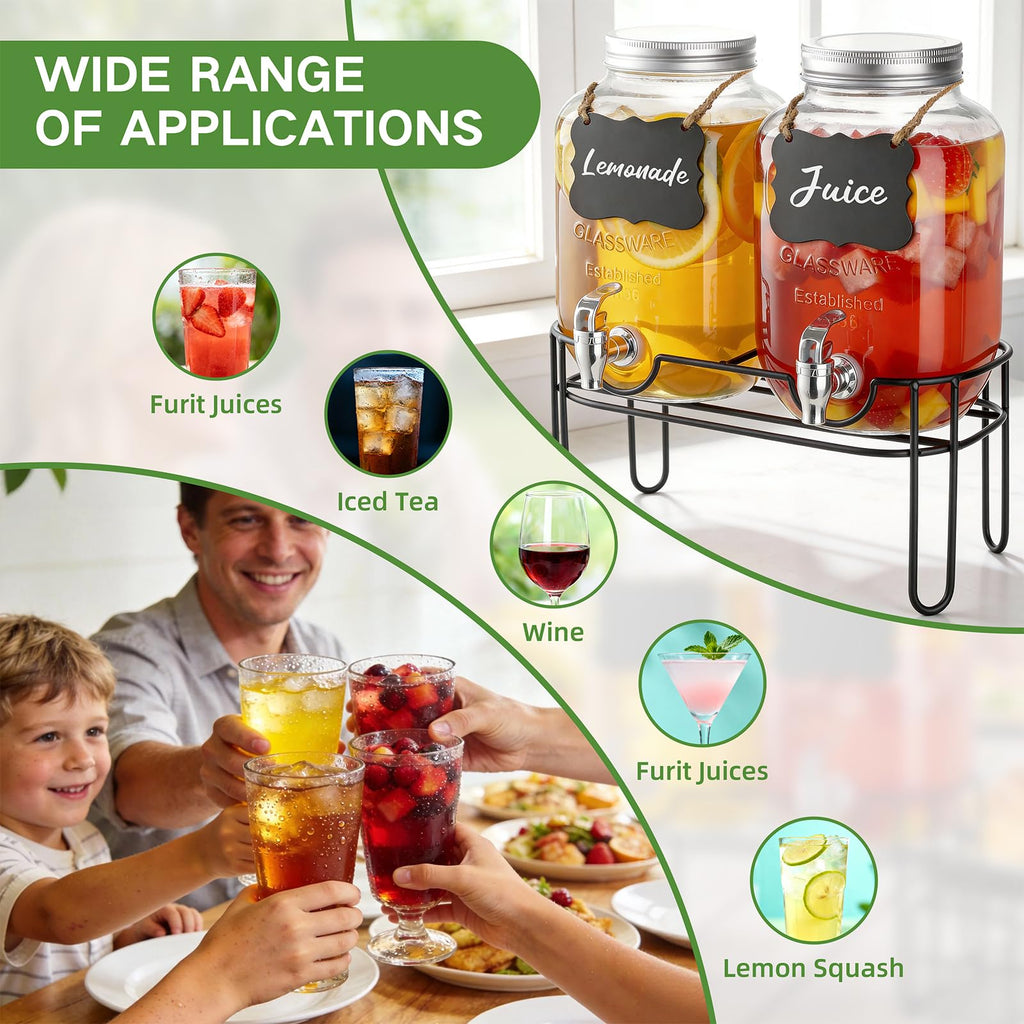 1 Gallon Glass Drink Dispenser 2 Pack with Fruit Infuser and Stand N2952