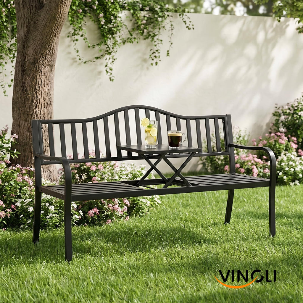 59" Outdoor Metal Bench with Built in Table J86652