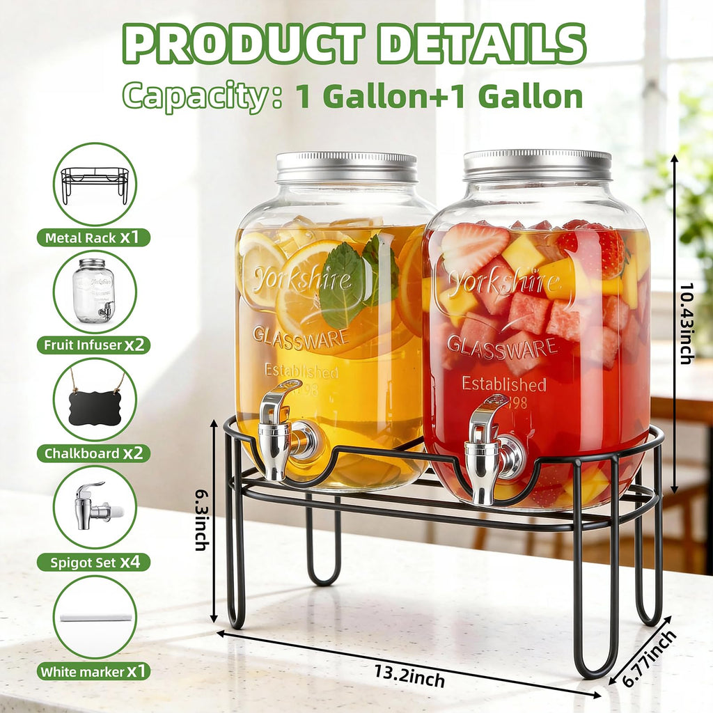 1 Gallon Glass Drink Dispenser 2 Pack with Fruit Infuser and Stand N2952