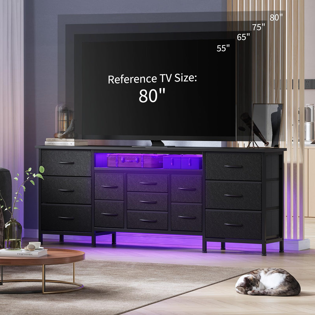 Black 13 Drawer Dresser TV Stand with LED Lights & Charging Station E7353