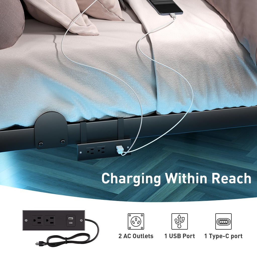 14 Inch Full Bed Frame with LED Lights and Charging Station L892