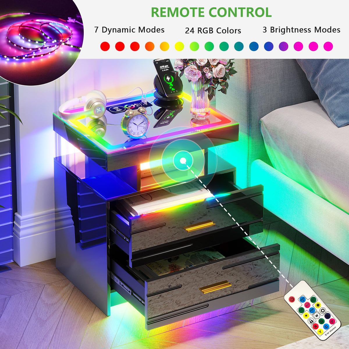 Black Smart Nightstand with Wireless Charging Station A728364