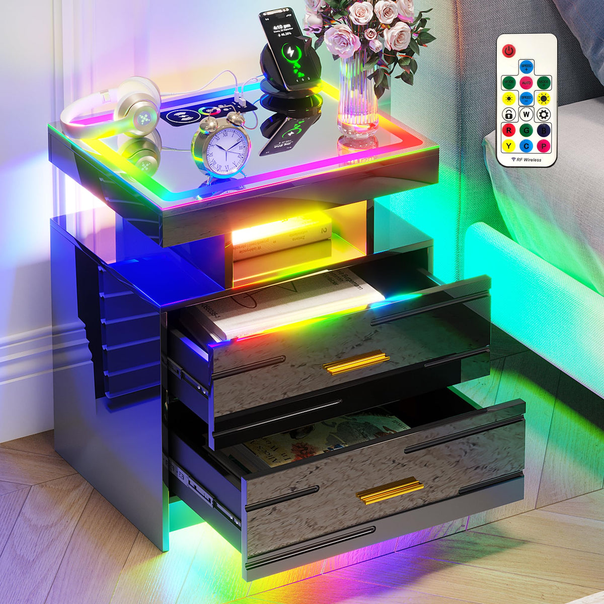 Black Smart Nightstand with Wireless Charging Station A728364