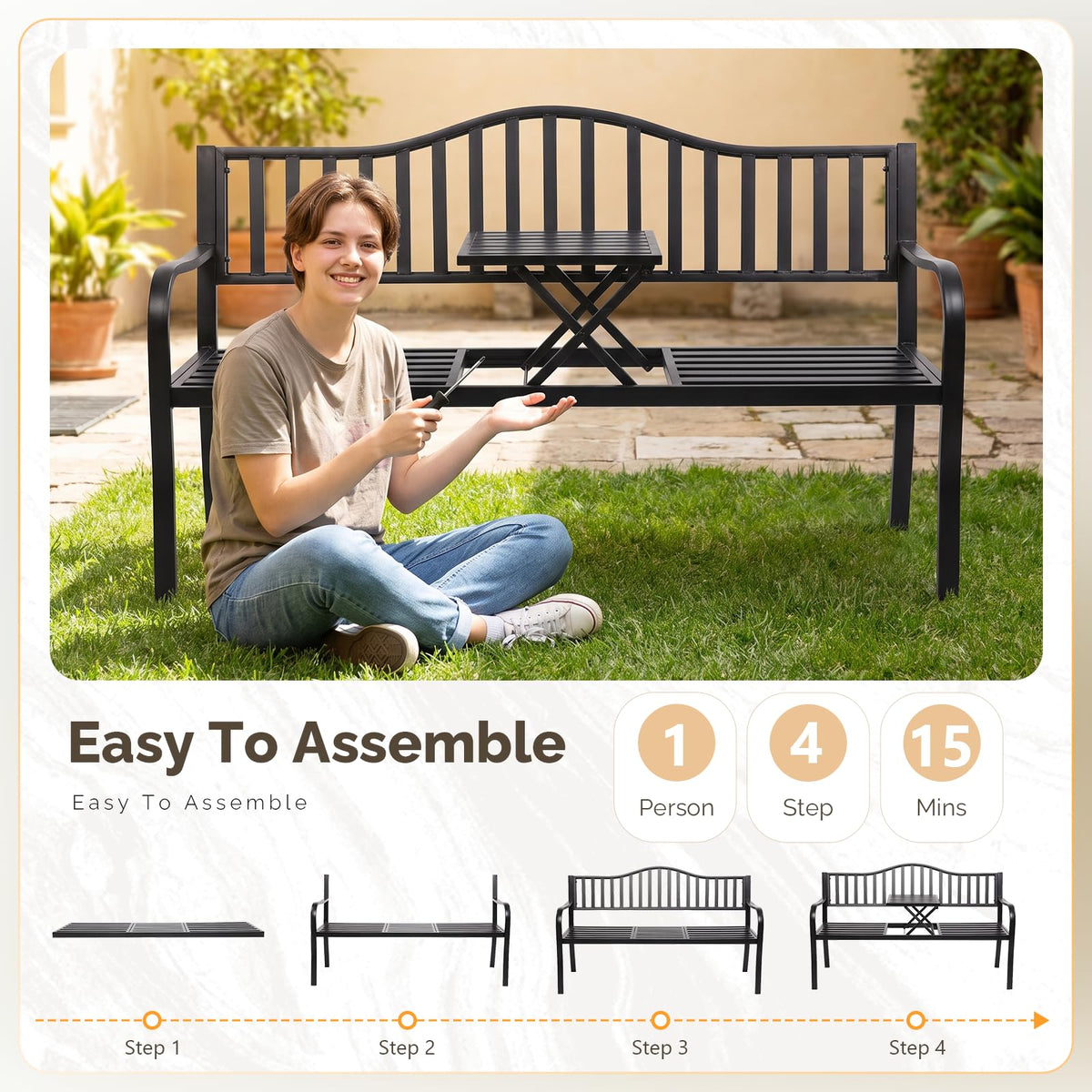 59" Outdoor Metal Bench with Built in Table J86652