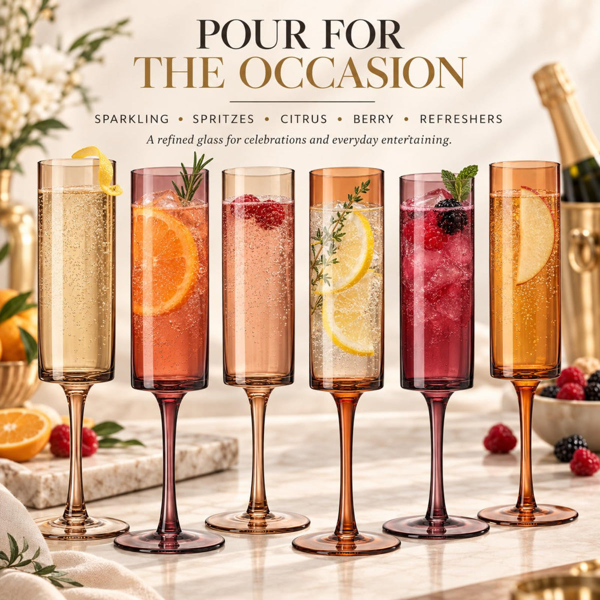Set of 6 Amber Textured Glass Champagne Flute 6oz U3303