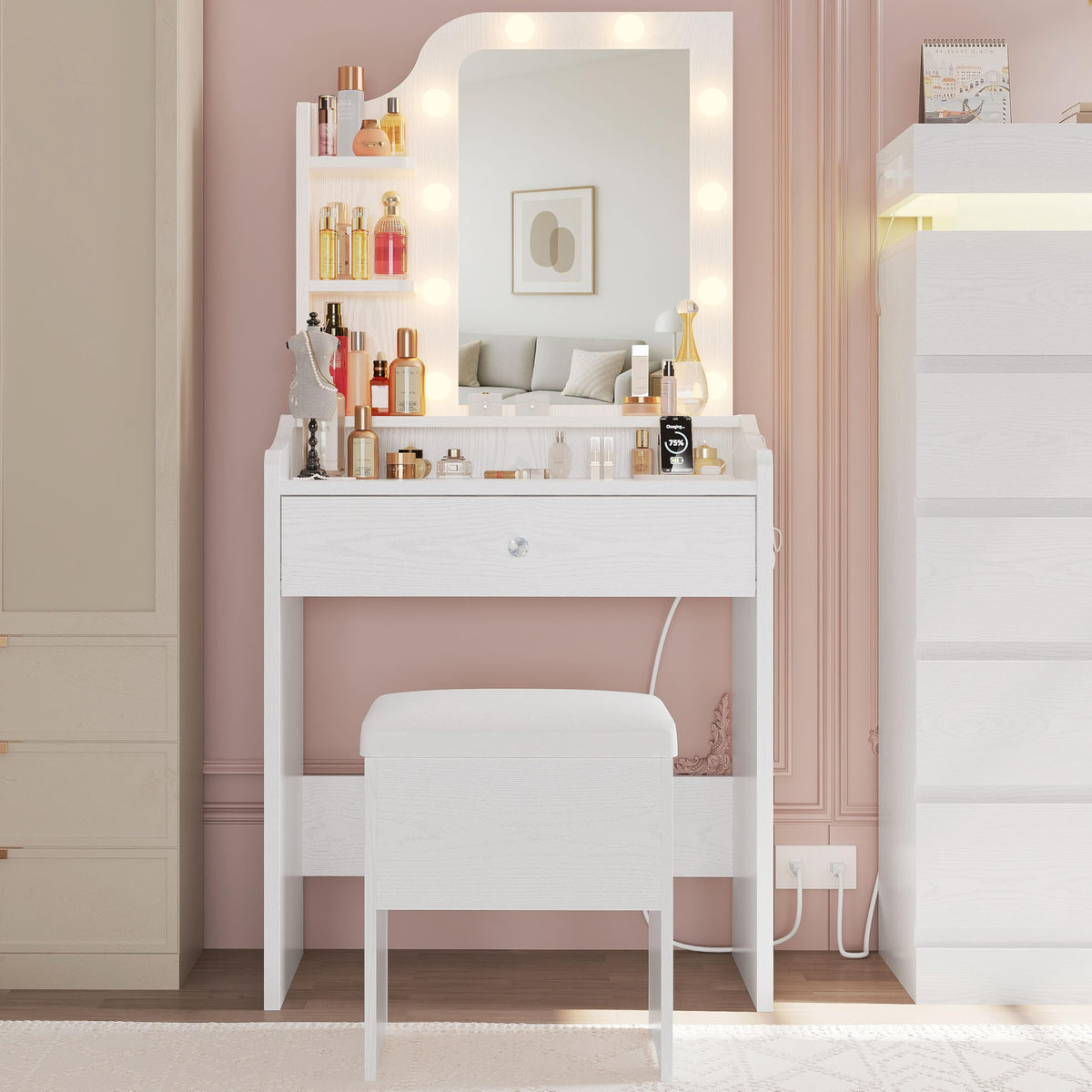 White Vanity Desk with Mirror and Storage Stool V699