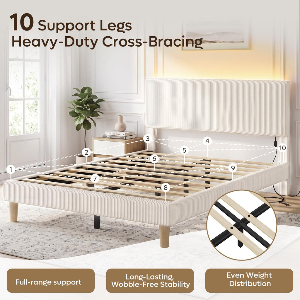 Queen Bed Frame with Headboard LED Lighting, Upholstered, Beige Z717519