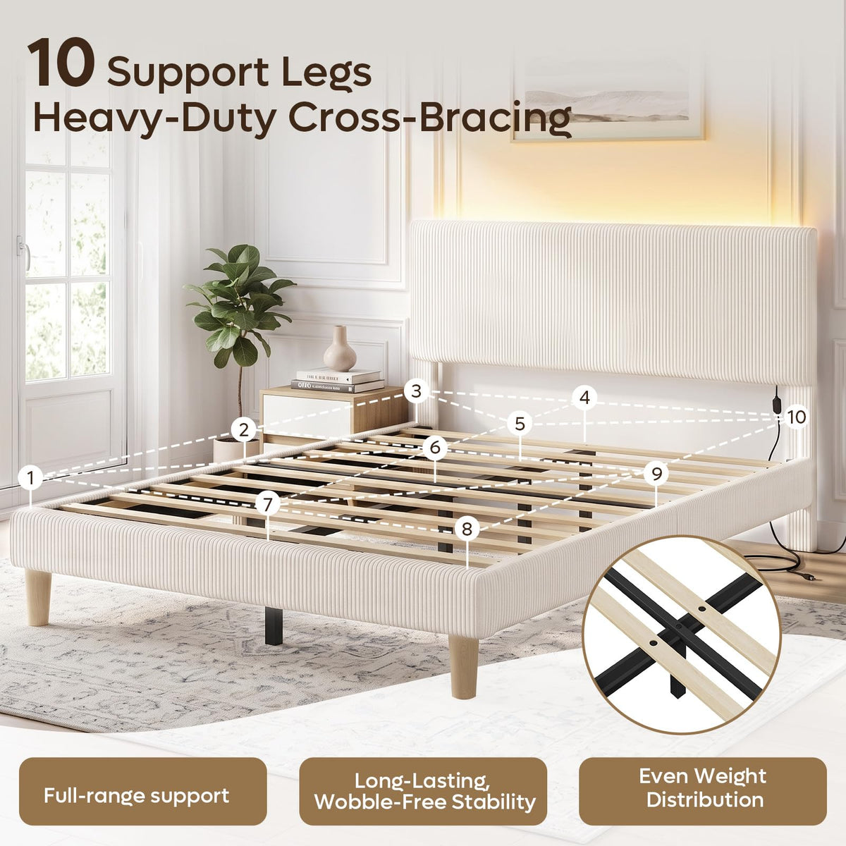 Queen Bed Frame with Headboard LED Lighting, Upholstered, Beige Z717519
