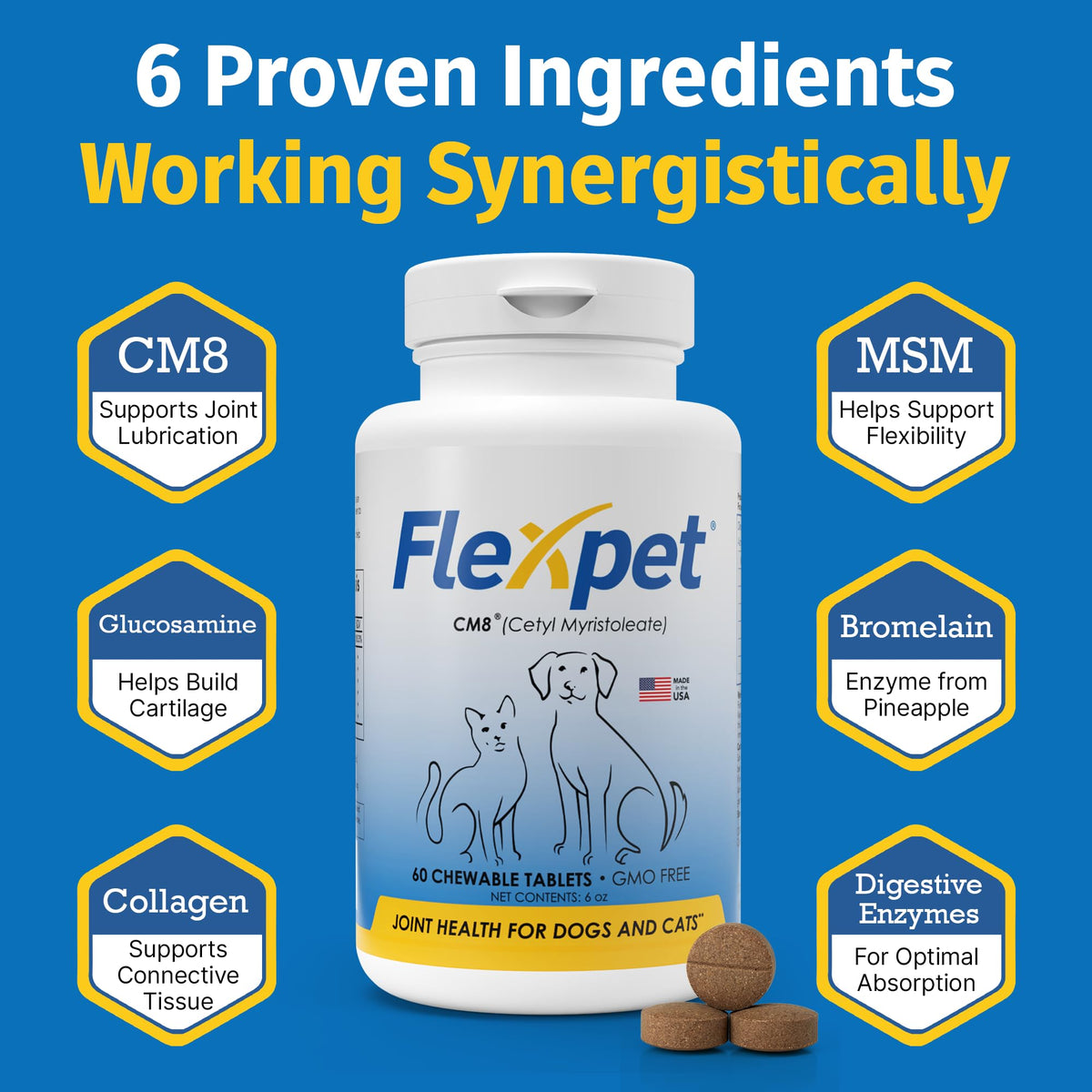 Hip & Joint Supplement for Dogs & Cats with Glucosamine, Collagen, MSM - 60 Tablets R486