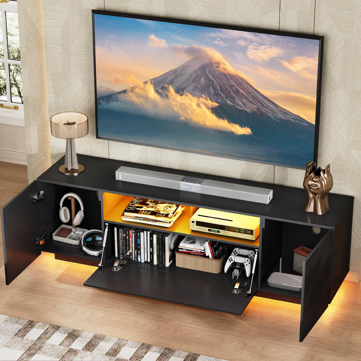 Black TV Stand with Storage Cabinets and Drawer Z101