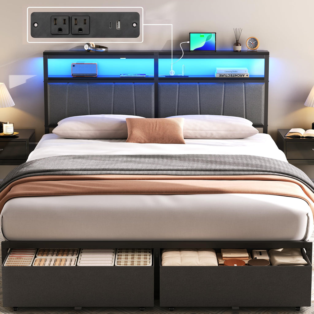 Queen Bed Frame with Storage Drawers and Charging Station F44797