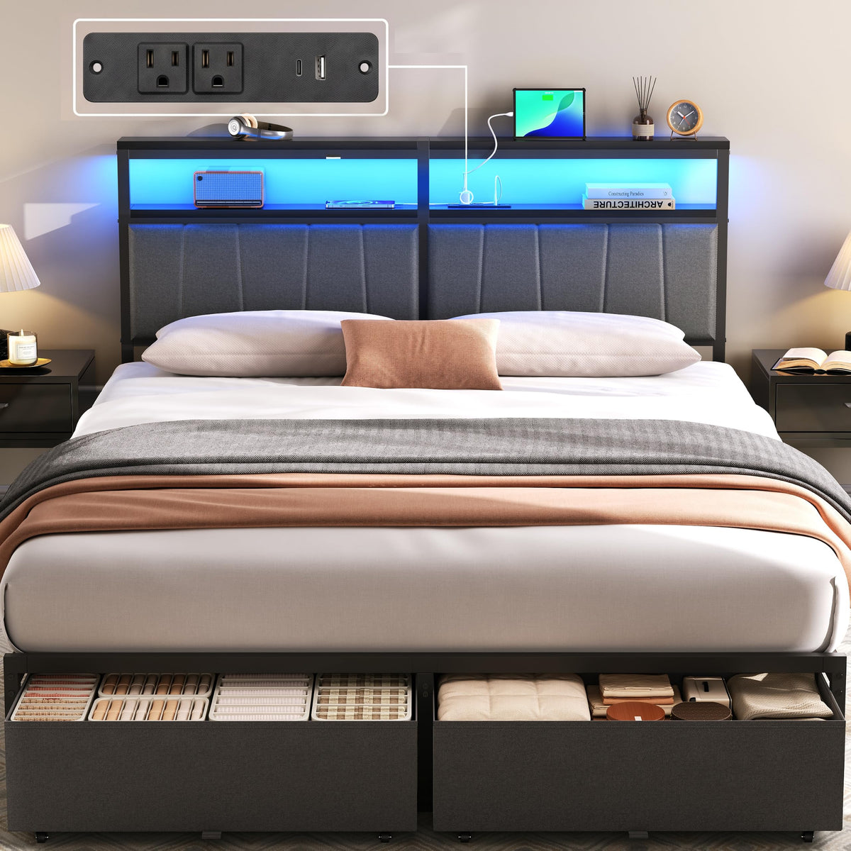 Queen Bed Frame with Storage Drawers and Charging Station F44797