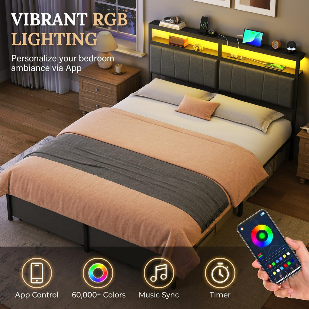 Queen Bed Frame with Storage Drawers and Charging Station F44797