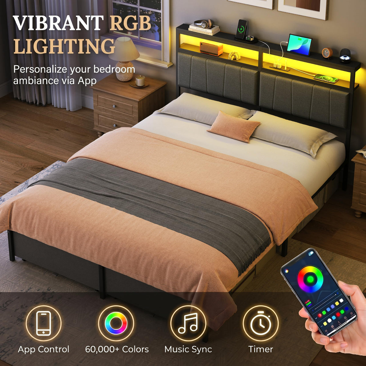 Queen Bed Frame with Storage Drawers and Charging Station F44797
