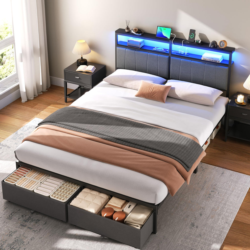 Queen Bed Frame with Storage Drawers and Charging Station F44797